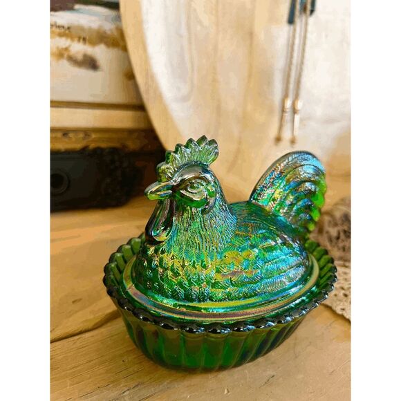 Vintage Westmoreland Mould Hunter Green Carnival Glass Rooster on Nest – Mosser - Picture 2 of 5